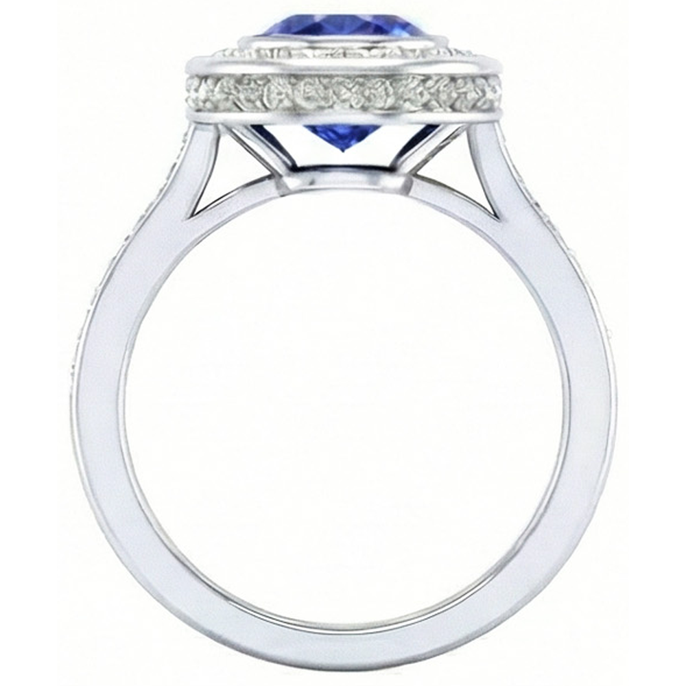 Bezel Set 3.40 Ct Halo Ceylon Sapphire And Natural Earth Mined Diamonds Ring