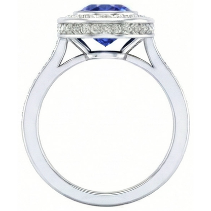 Bezel Set 3.40 Ct Halo Ceylon Sapphire And Natural Earth Mined Diamonds Ring
