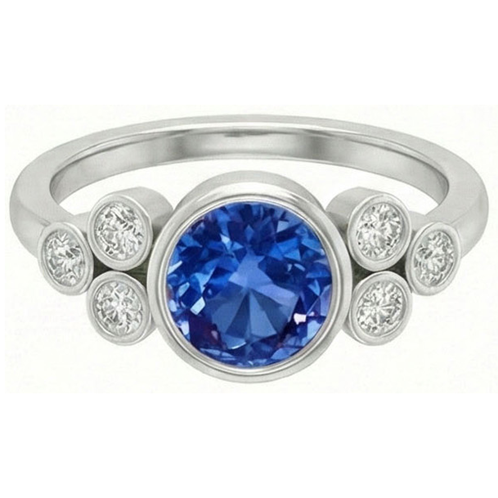 Bezel Set Ceylon Sapphire And Natural Earth Mined Diamond Ring White Gold 14K 2.70 Ct