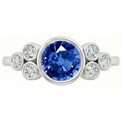 Bezel Set Ceylon Sapphire And Natural Earth Mined Diamond Ring White Gold 14K 2.70 Ct