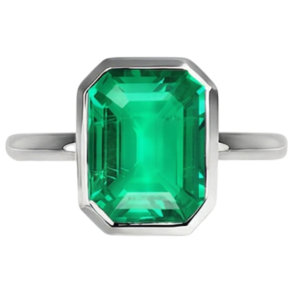 Natural Real ( Not Lab Grown ) Bezel Set Green Emerald GIA Solitaire Ring