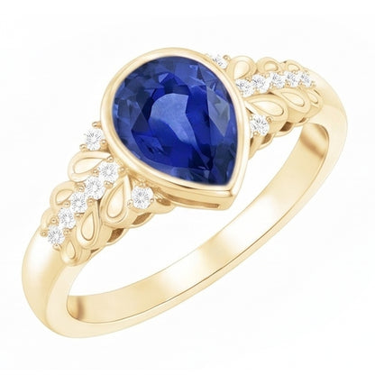 Bezel Set Pear Ceylon Sapphire & Natural Earth Mined Diamond Ring Yellow Gold 4.75 Carats