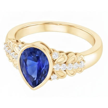 Bezel Set Pear Ceylon Sapphire & Natural Earth Mined Diamond Ring Yellow Gold 4.75 Carats