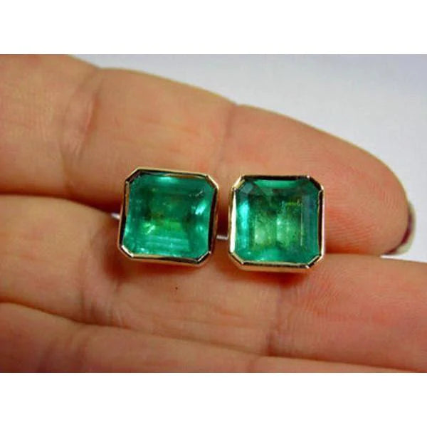 Bezel Set 10 Ct Asscher Cut Green Emerald Studs Earrings Yellow Gold 14K