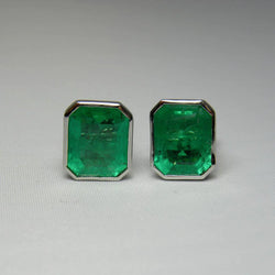 Bezel Set 14 Ct Green Emerald Lady Studs Earrings White Gold 14K
