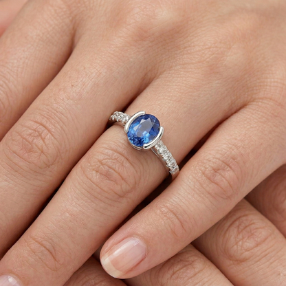 Bezel Set Oval Sri Lanka Blue Sapphire Natural Earth Mined Diamond Ring 1.40 Ct