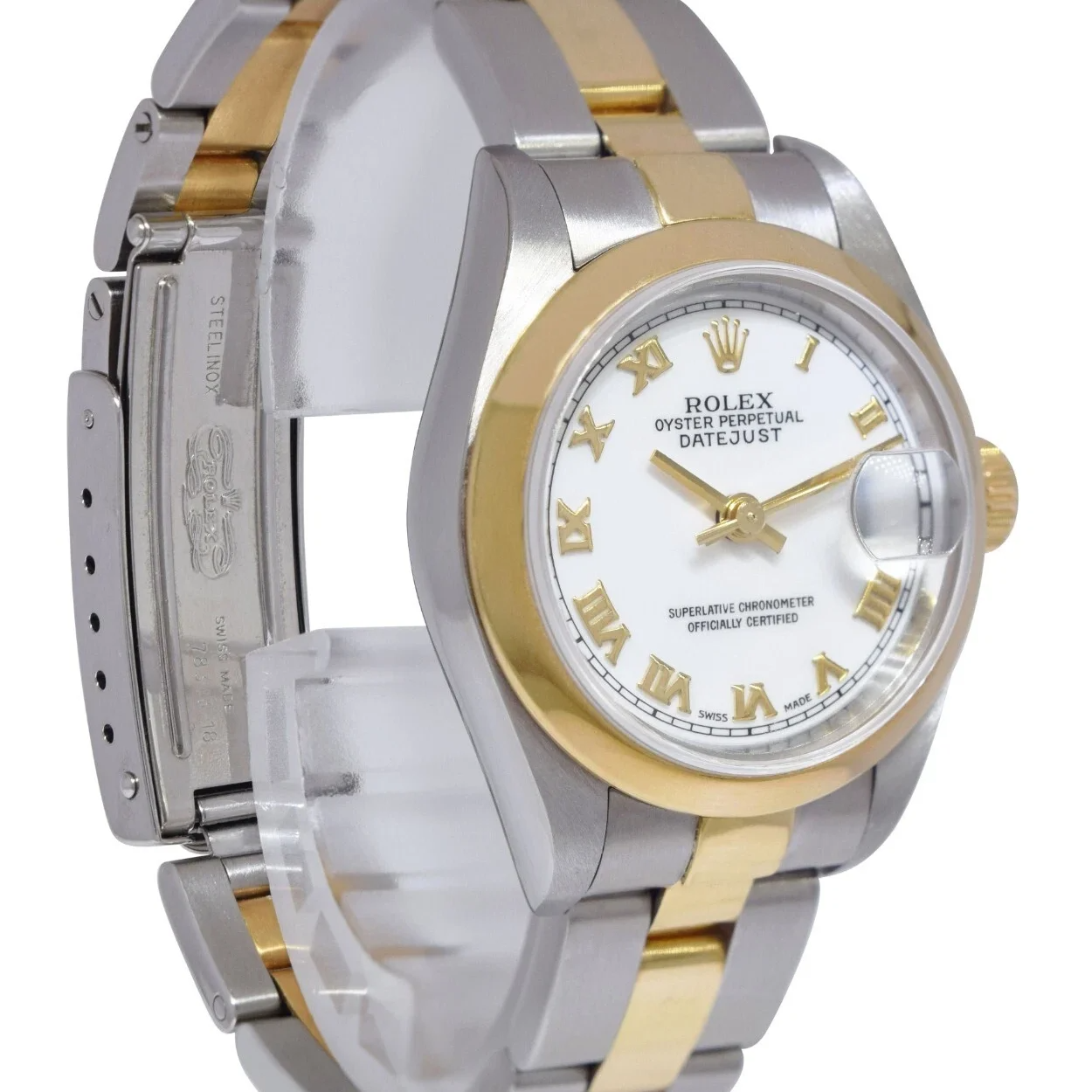 Bezel White Roman Dial Datejust Rolex Watch Ss & Gold Bracelet