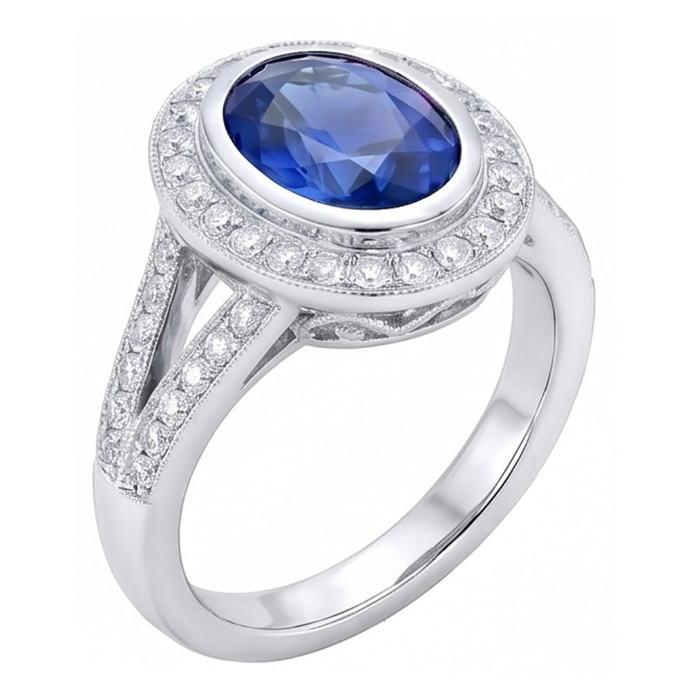 Big Ceylon Sapphire With Natural Earth Mined Diamonds 4.75 Ct Ring White Gold 14K