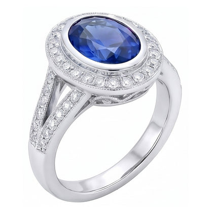 Big Ceylon Sapphire With Natural Earth Mined Diamonds 4.75 Ct Ring White Gold 14K