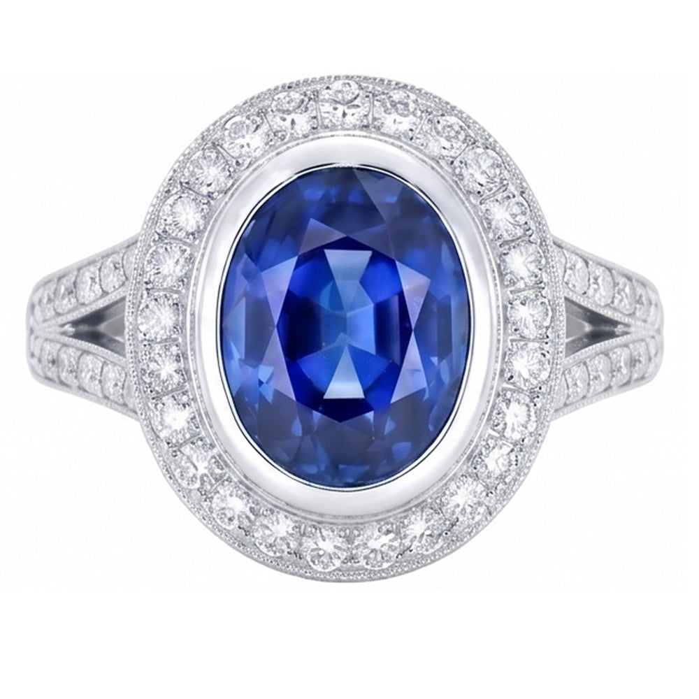 Big Ceylon Sapphire With Natural Earth Mined Diamonds 4.75 Ct Ring White Gold 14K
