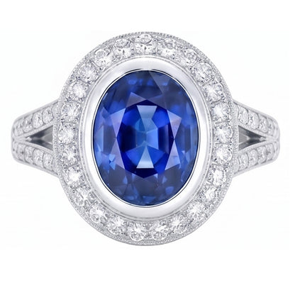 Big Ceylon Sapphire With Natural Earth Mined Diamonds 4.75 Ct Ring White Gold 14K
