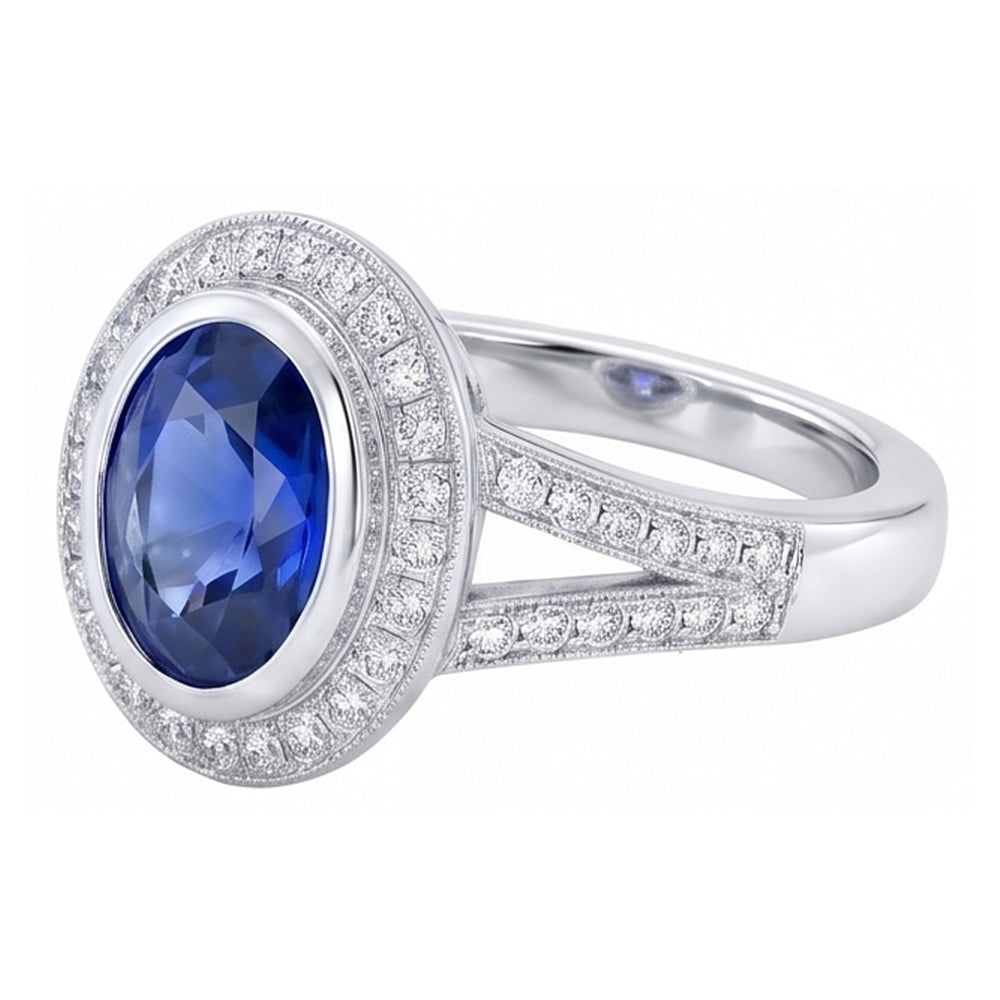 Big Ceylon Sapphire With Natural Earth Mined Diamonds 4.75 Ct Ring White Gold 14K