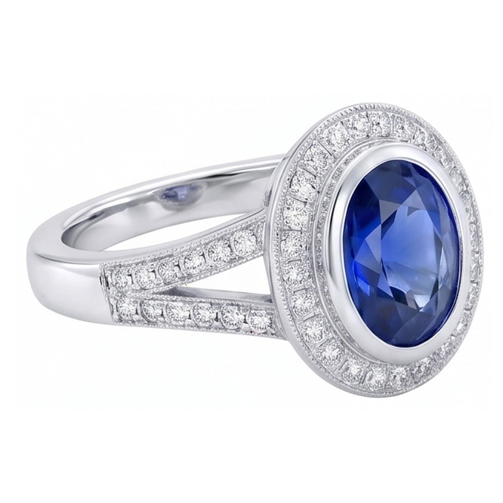 Big Ceylon Sapphire With Natural Earth Mined Diamonds 4.75 Ct Ring White Gold 14K