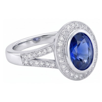 Big Ceylon Sapphire With Natural Earth Mined Diamonds 4.75 Ct Ring White Gold 14K