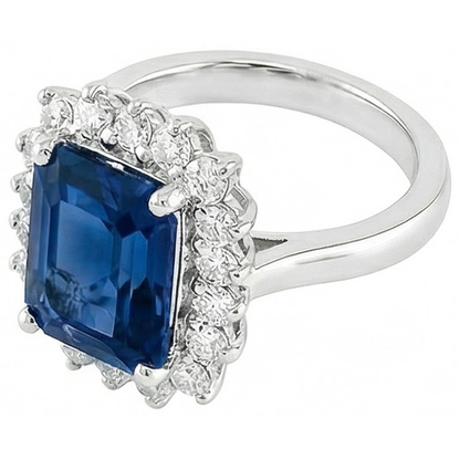 Big Cushion Ceylon Sapphire And Round Natural Earth Mined Diamonds 4 Ct Ring White Gold