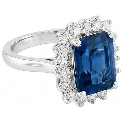 Big Cushion Ceylon Sapphire And Round Natural Earth Mined Diamonds 4 Ct Ring White Gold