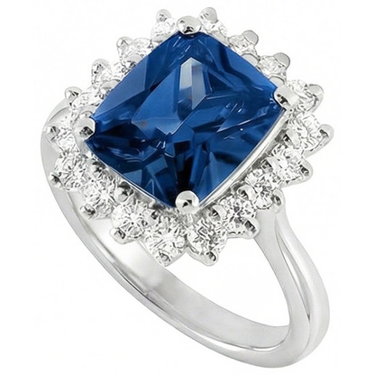 Big Cushion Ceylon Sapphire And Round Natural Earth Mined Diamonds 4 Ct Ring White Gold