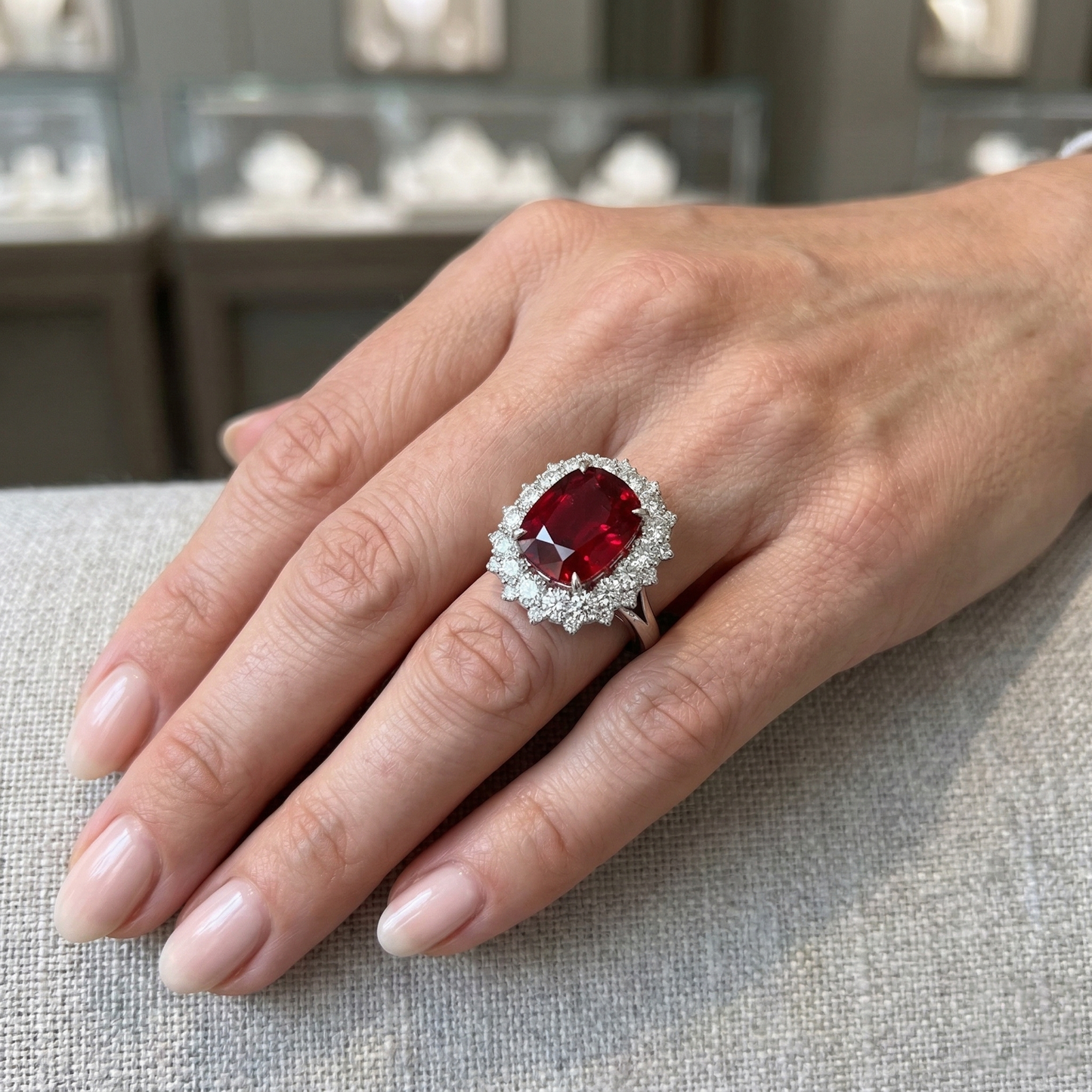 Big Cushion Cut Red Ruby IGI CERTIFIED With Diamond Ring White Gold 14K 7.25 Ct