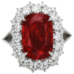 Big Cushion Cut Red Ruby IGI CERTIFIED With Diamond Ring White Gold 14K 7.25 Ct