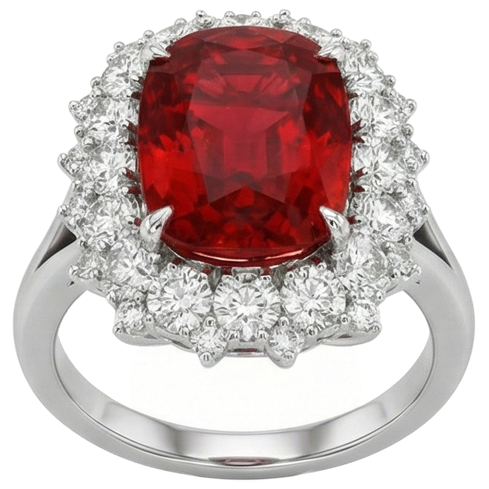 Big Cushion Cut Red Ruby IGI CERTIFIED With Diamond Ring White Gold 14K 7.25 Ct