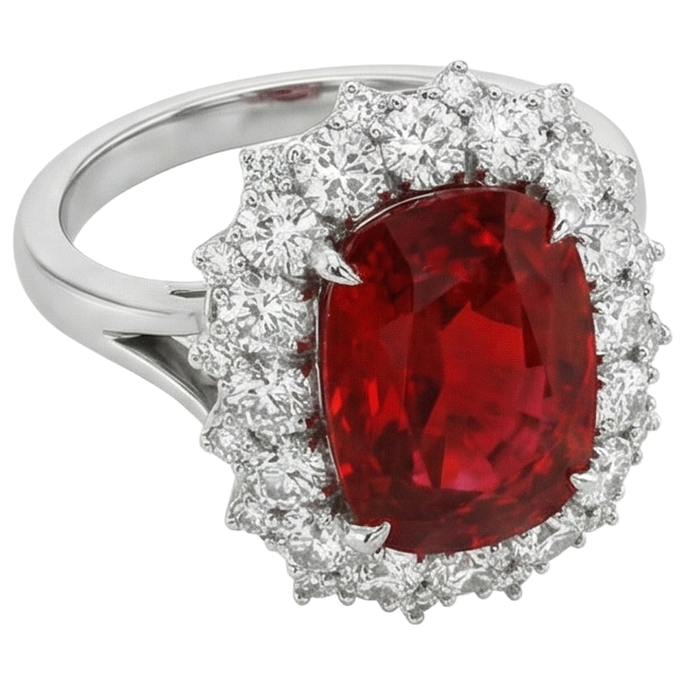 Big Cushion Cut Red Ruby IGI CERTIFIED With Diamond Ring White Gold 14K 7.25 Ct