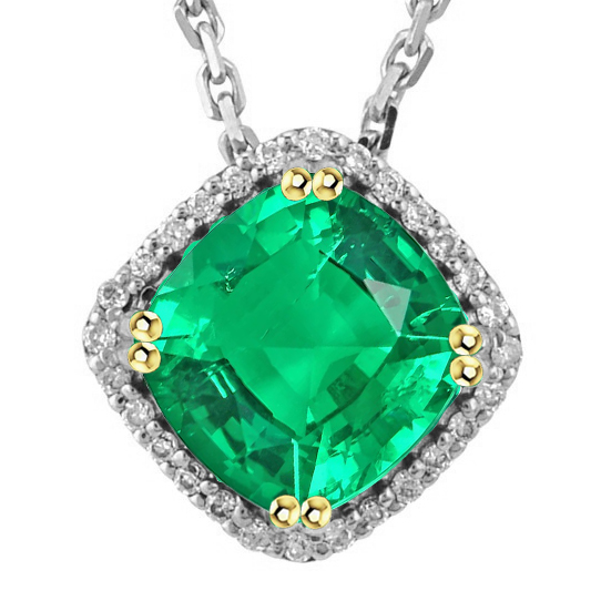 Big Cushion Green Emerald Necklace Halo Diamond Pendant 