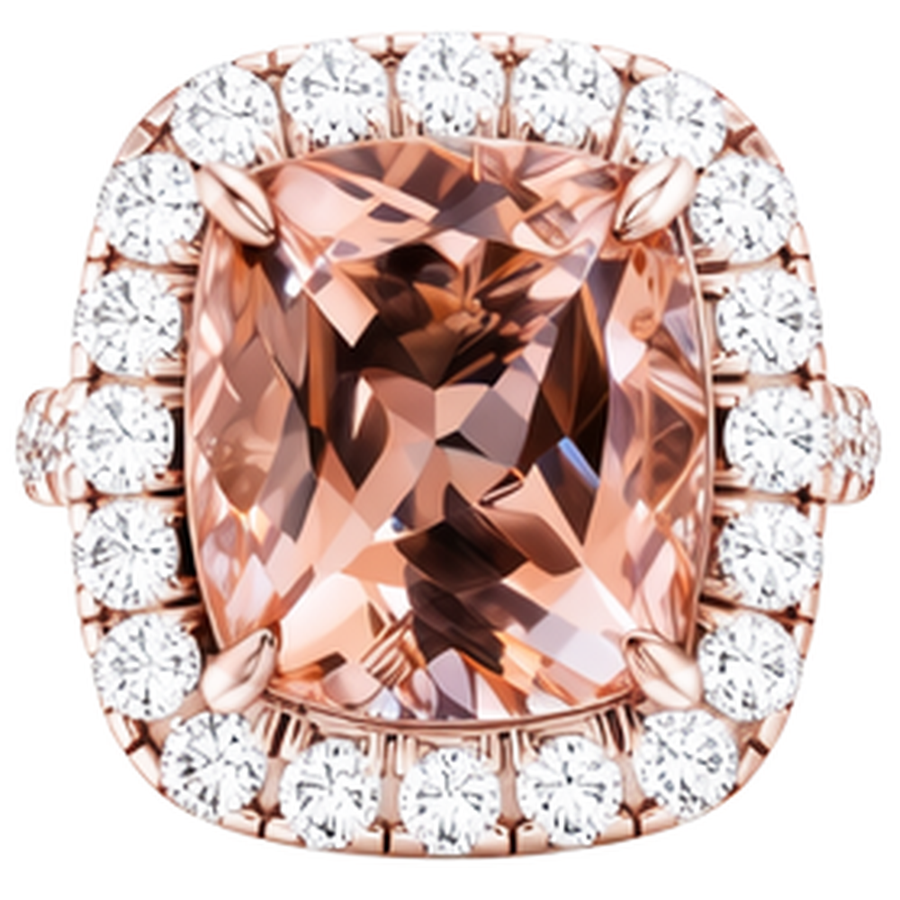 Big Cushion Morganite 12.50 Cts With Natural Real Diamond ( Not Lab Grown )s Ring Rose Gold 14K