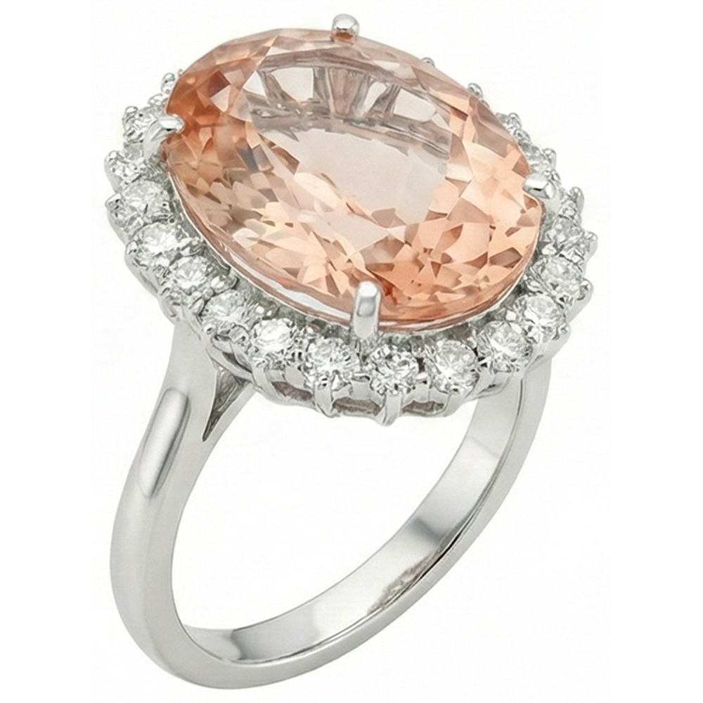 Big Morganite With Small Natural Earth Mined Diamonds 18.50 Ct. Ring New White Gold 14K