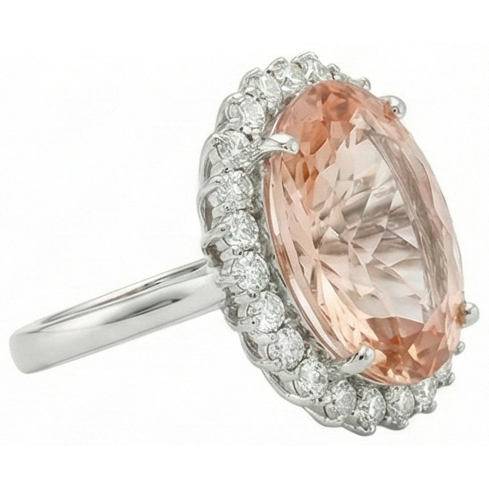 Big Morganite With Small Natural Earth Mined Diamonds 18.50 Ct. Ring New White Gold 14K