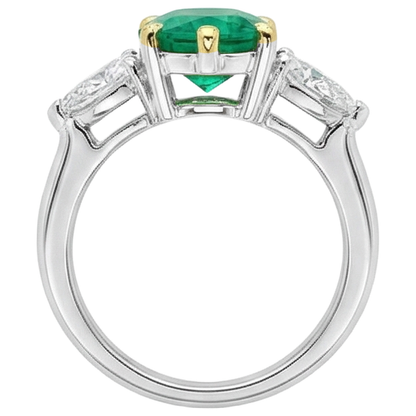 Natural Real ( Not Lab Grown ) Big Oval Gemstone Jewelry Green Emerald GIA 3 Stone Ring