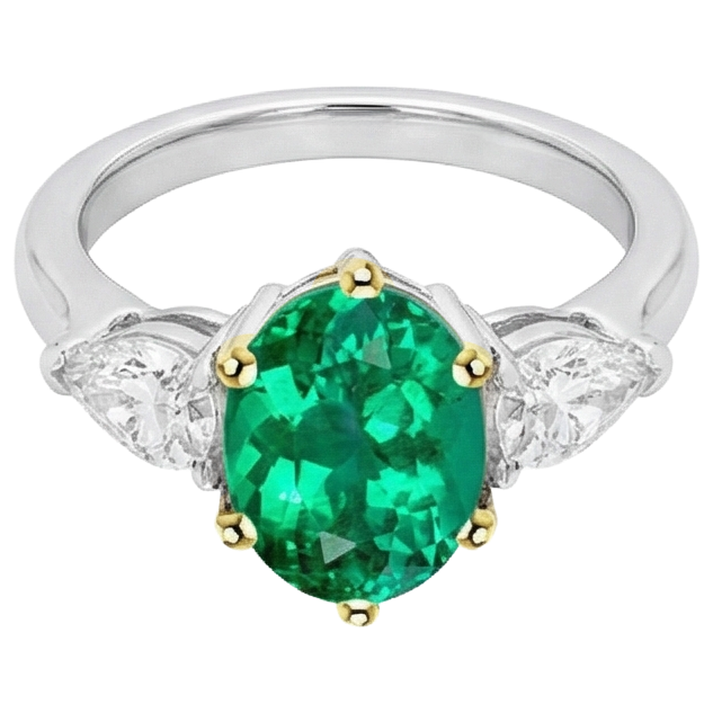 Natural Real ( Not Lab Grown ) Big Oval Gemstone Jewelry Green Emerald GIA 3 Stone Ring
