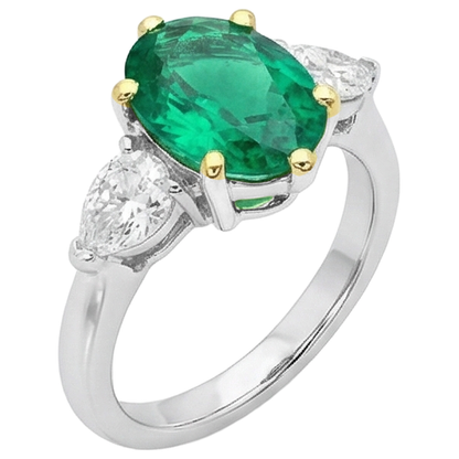 Natural Real ( Not Lab Grown ) Big Oval Gemstone Jewelry Green Emerald GIA 3 Stone Ring