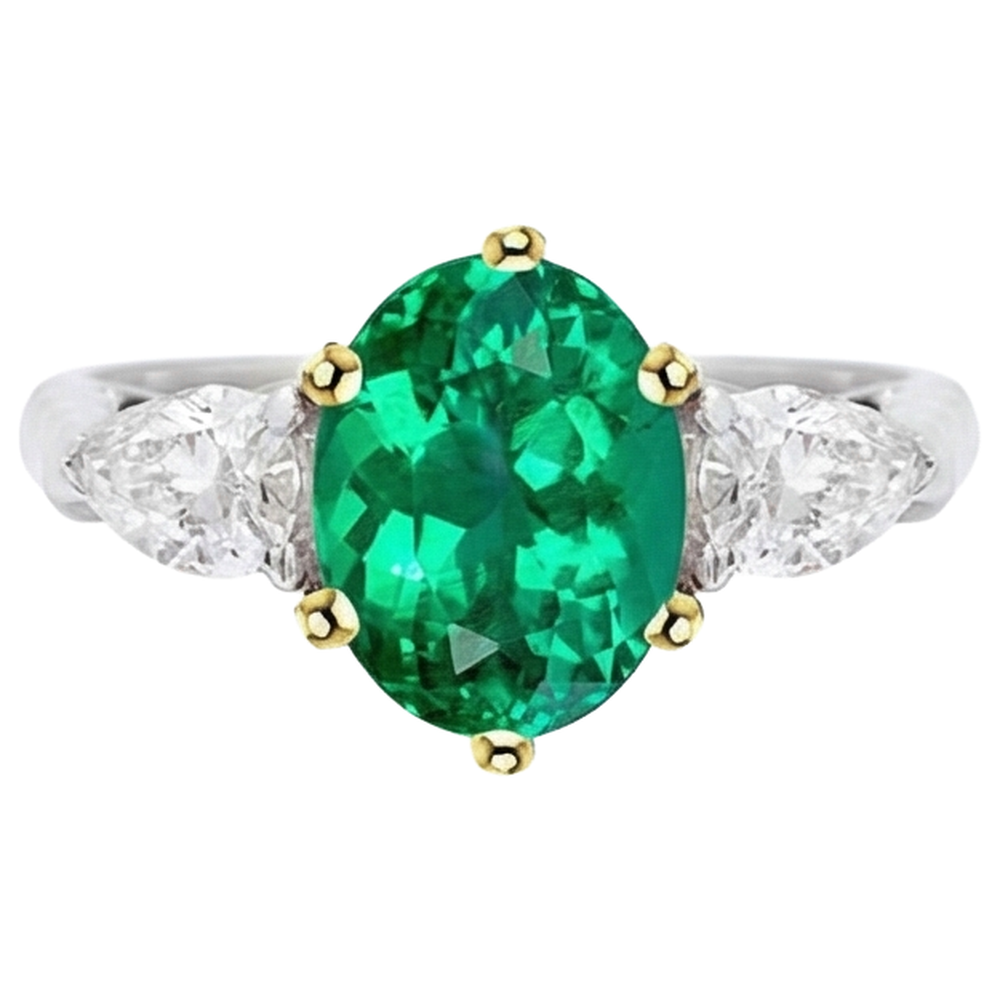 Natural Real ( Not Lab Grown ) Big Oval Gemstone Jewelry Green Emerald GIA 3 Stone Ring