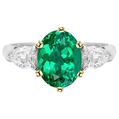 Natural Real ( Not Lab Grown ) Big Oval Gemstone Jewelry Green Emerald GIA 3 Stone Ring