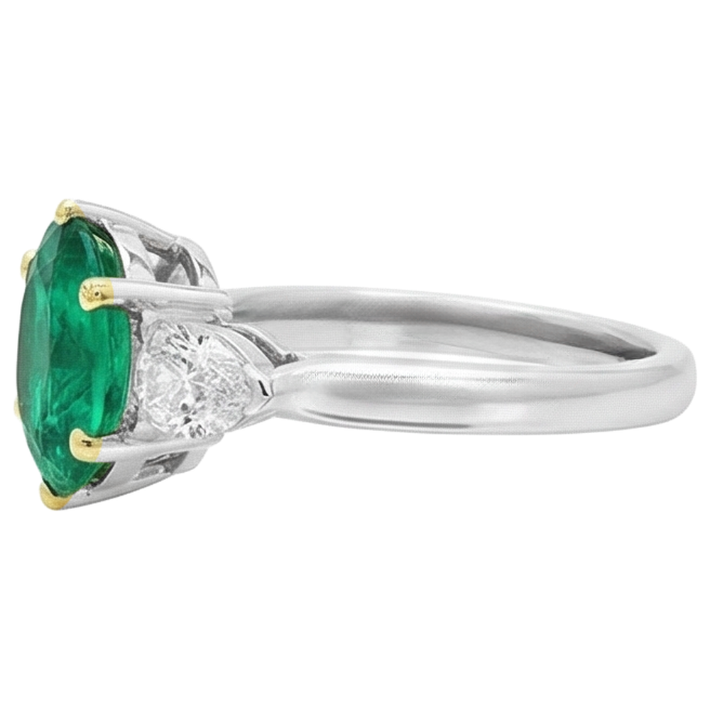 Natural Real ( Not Lab Grown ) Big Oval Gemstone Jewelry Green Emerald GIA 3 Stone Ring