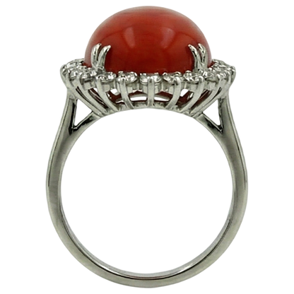 Big Oval Red Coral With Small Round Natural Earth Mined Diamonds 13 Ct Ring White Gold 14K