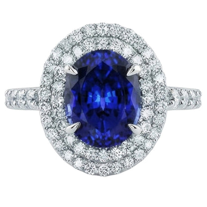 Big Oval Sri Lanka Blue Sapphire Natural Earth Mined Diamond Ring 4.55 Ct White Gold 14K