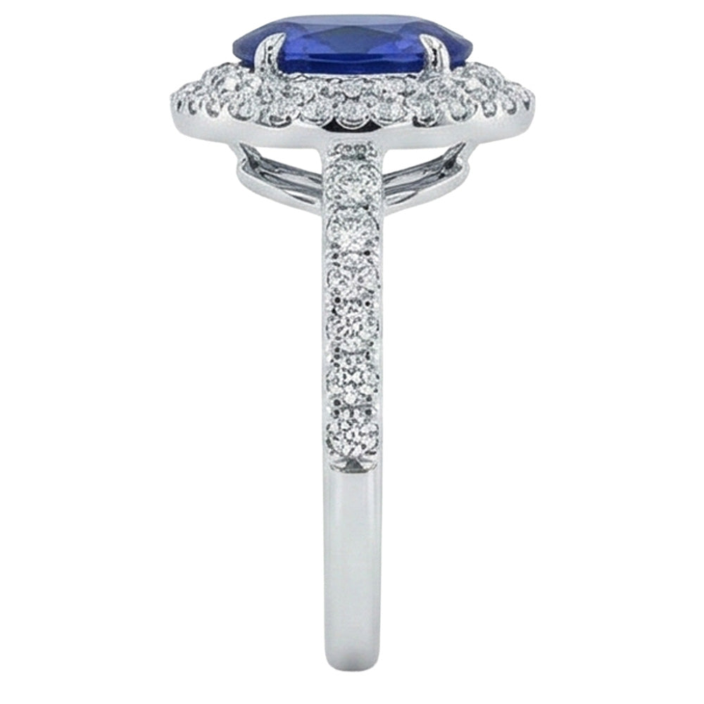 Big Oval Sri Lanka Blue Sapphire Natural Earth Mined Diamond Ring 4.55 Ct White Gold 14K