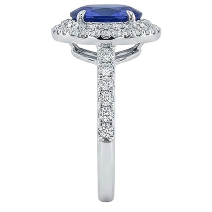 Big Oval Sri Lanka Blue Sapphire Natural Earth Mined Diamond Ring 4.55 Ct White Gold 14K