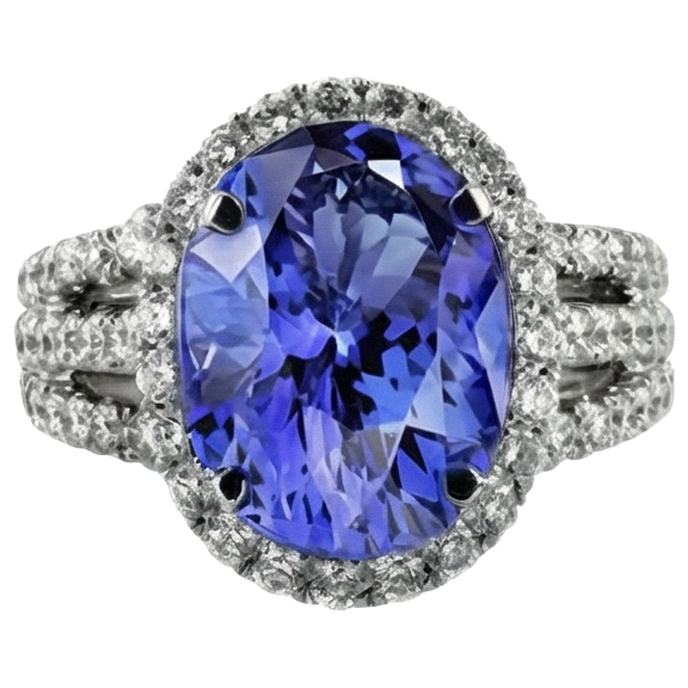 Big Oval Tanzanite With Small Round Natural Earth Mined Diamonds 6.70 Ct Ring Gold 14K