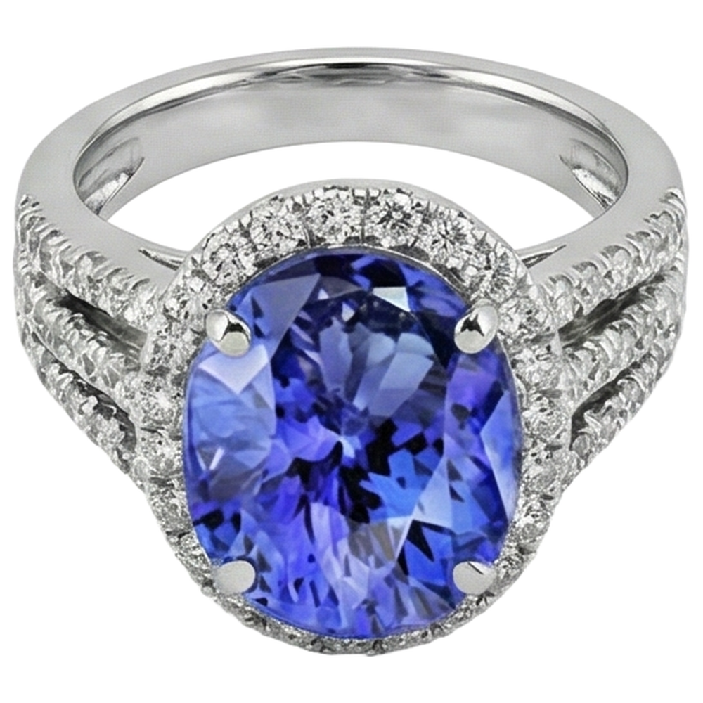 Big Oval Tanzanite With Small Round Natural Earth Mined Diamonds 6.70 Ct Ring Gold 14K