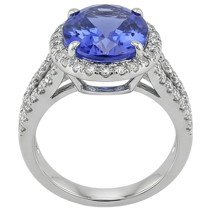 Big Oval Tanzanite With Small Round Natural Earth Mined Diamonds 6.70 Ct Ring Gold 14K