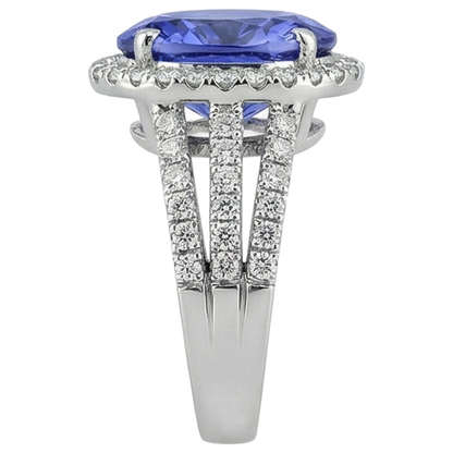Big Oval Tanzanite With Small Round Natural Earth Mined Diamonds 6.70 Ct Ring Gold 14K