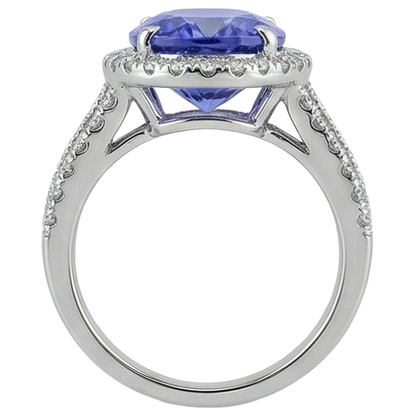 Big Oval Tanzanite With Small Round Natural Earth Mined Diamonds 6.70 Ct Ring Gold 14K