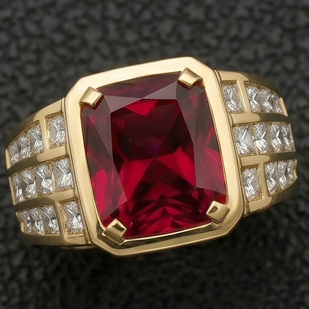 Big Radiant Men's Lab Grown Ruby Ring Yellow Gold 10K