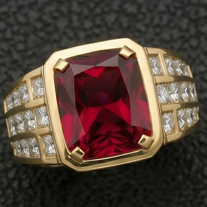 Big Radiant Men's Lab Grown Ruby Ring Yellow Gold 10K