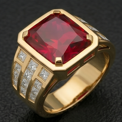 Big Radiant Men's Lab Grown Ruby Ring Yellow Gold 10K