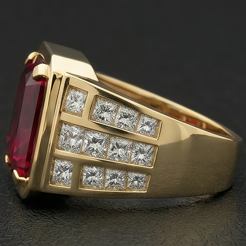 Big Radiant Men's Lab Grown Ruby Ring Yellow Gold 10K