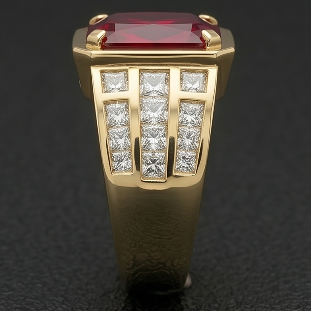 Big Radiant Men's Lab Grown Ruby Ring Yellow Gold 10K
