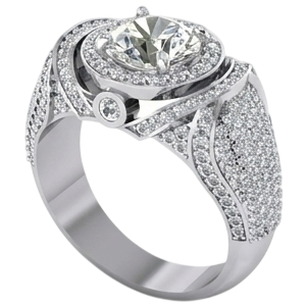 Big Round Diamond Men's Ring With Accents 5.50 Carats White Gold 10K